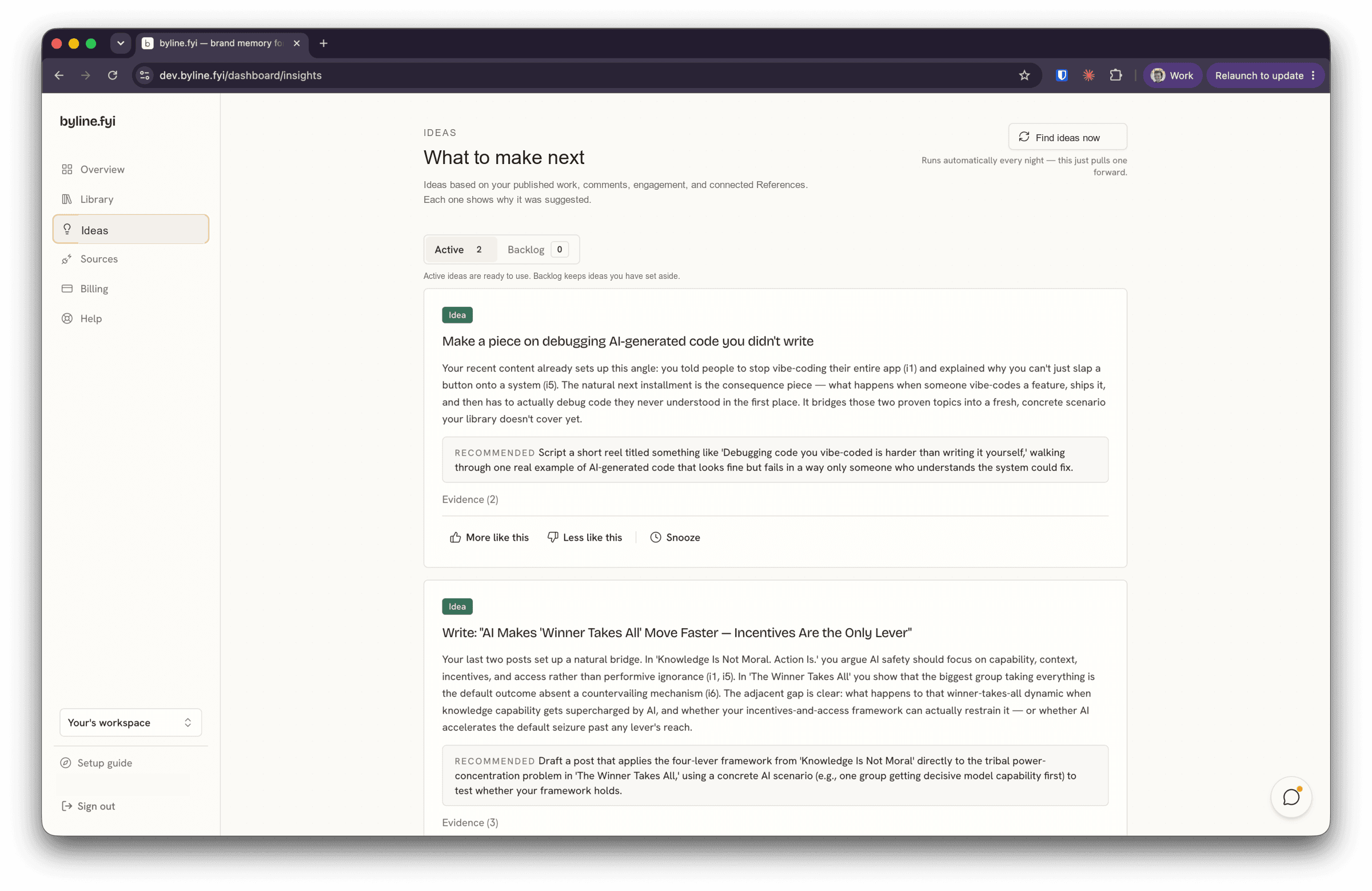 Screenshot of byline's ideas page.