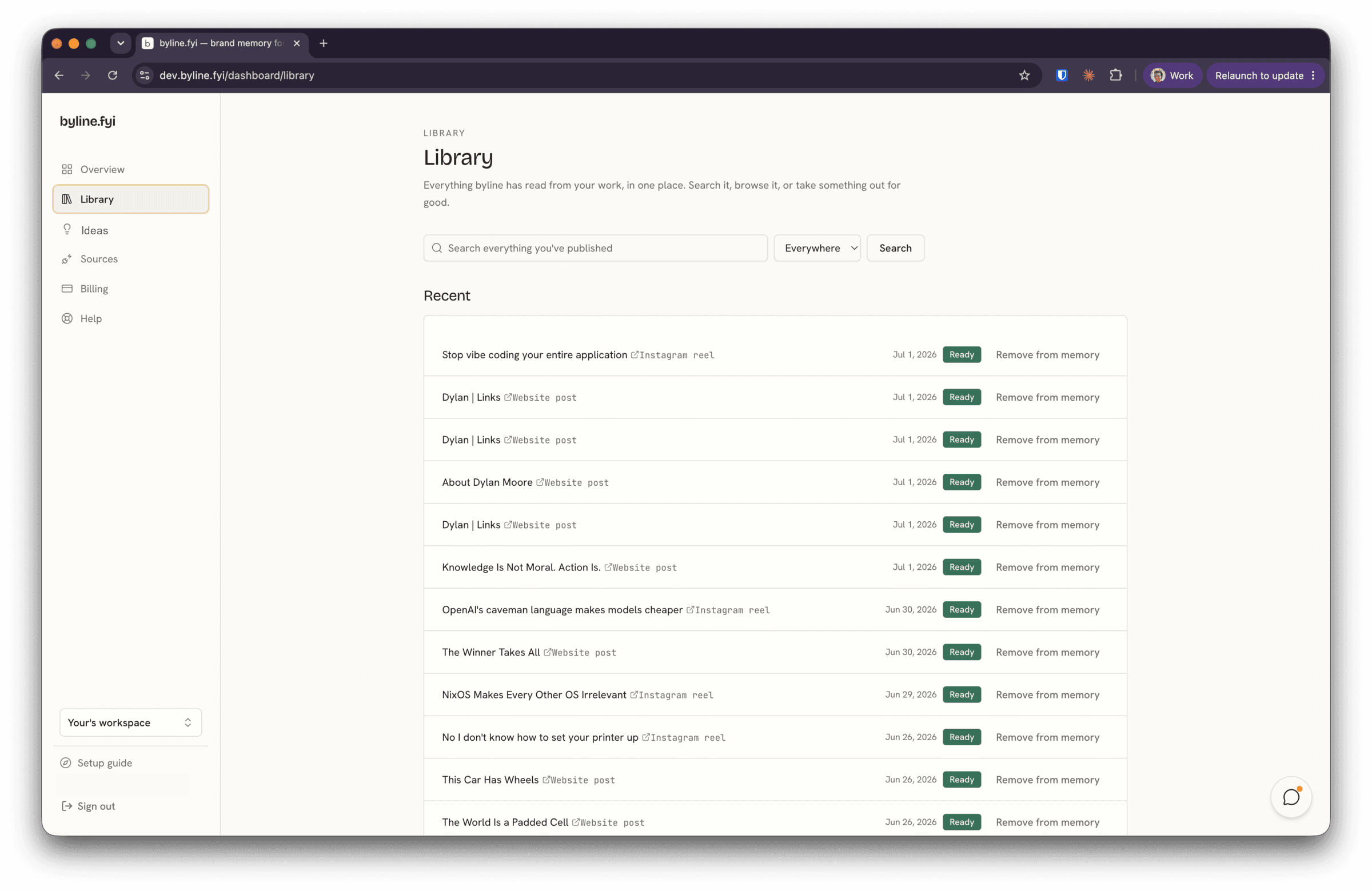Screenshot of byline's Library.