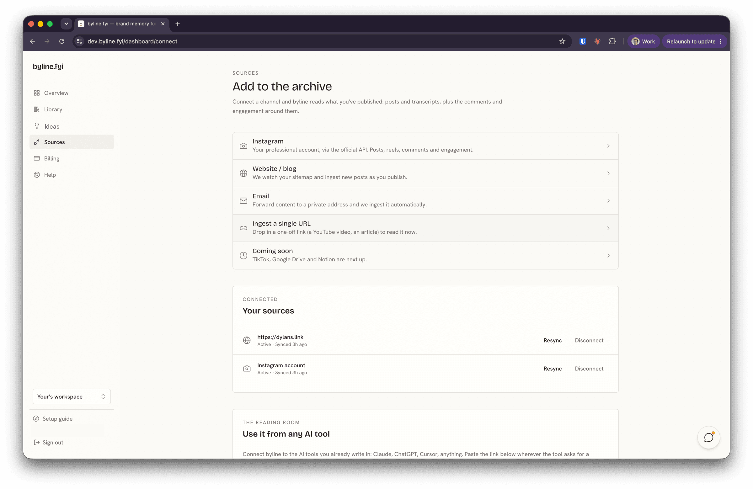 Screenshot of byline's Sources page.
